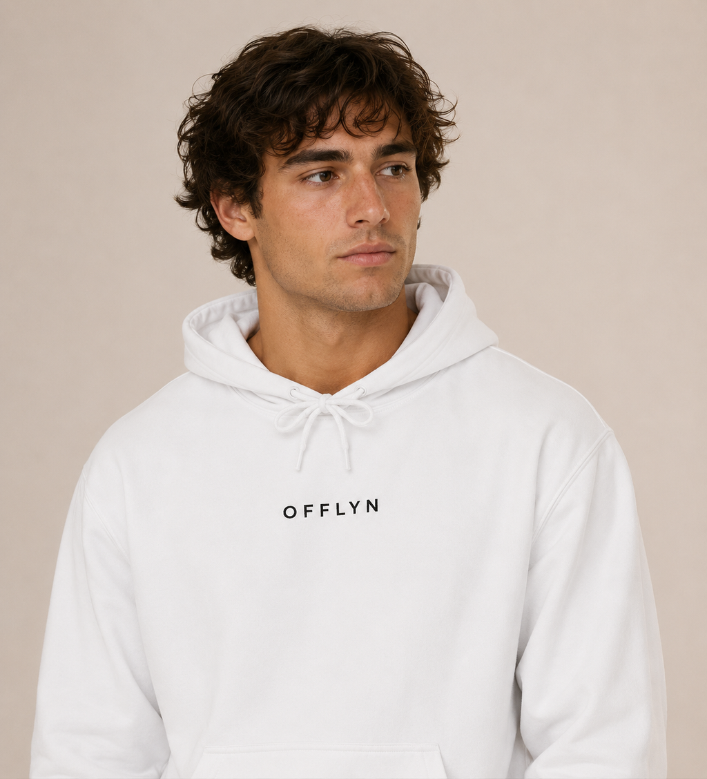 OFFLYN essentials hoodie white lifestyle male