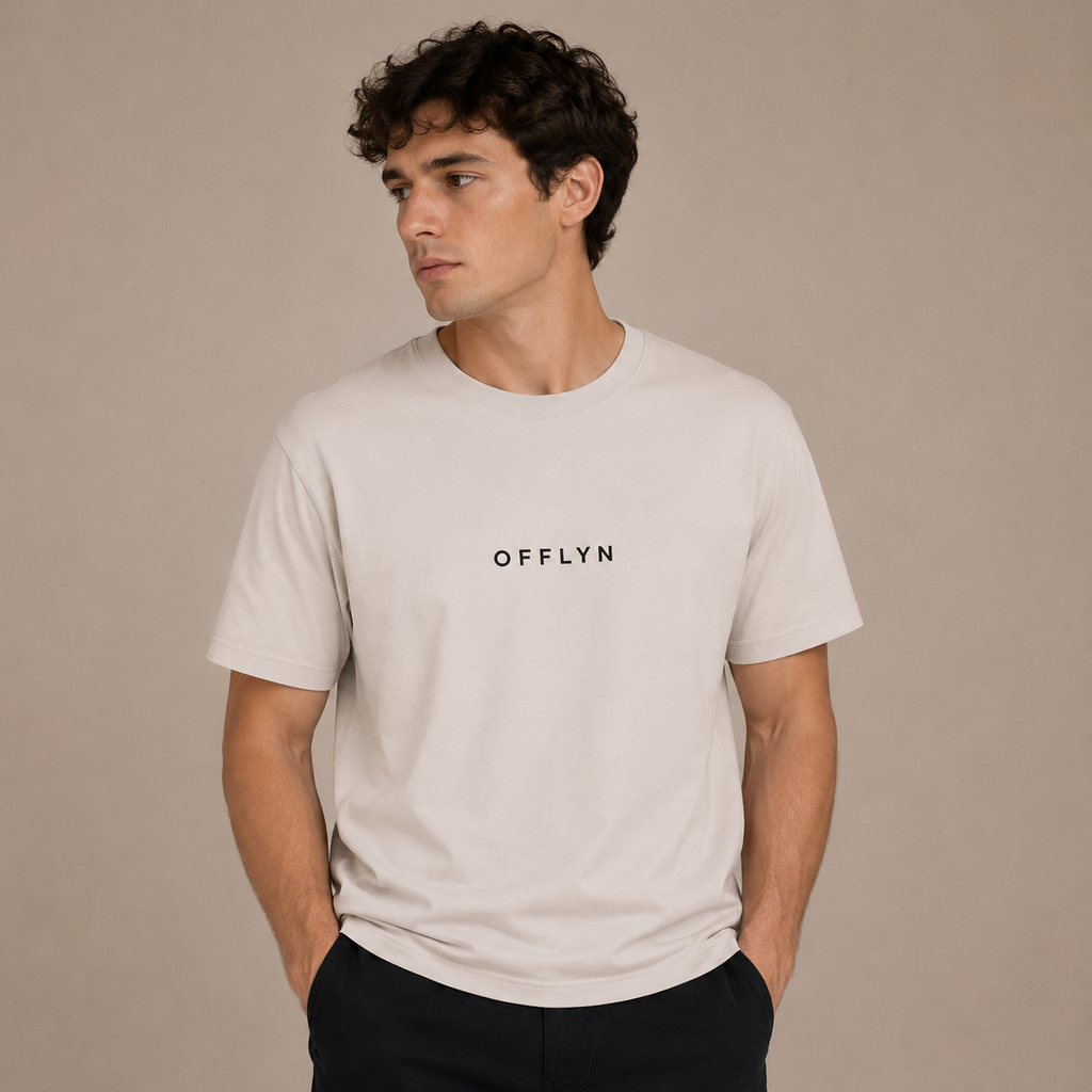 OFFLYN organic core tee vintage white sand lifestyle shot male