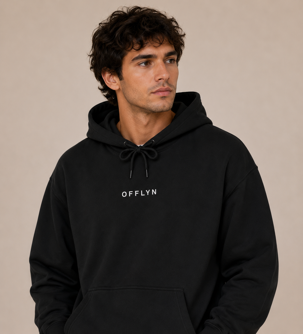 OFFLYN essentials hoodie black lifestyle male