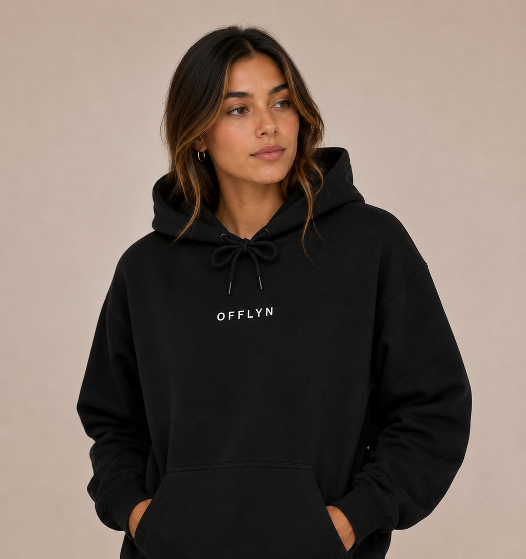 OFFLYN essentials hoodie black lifestyle female