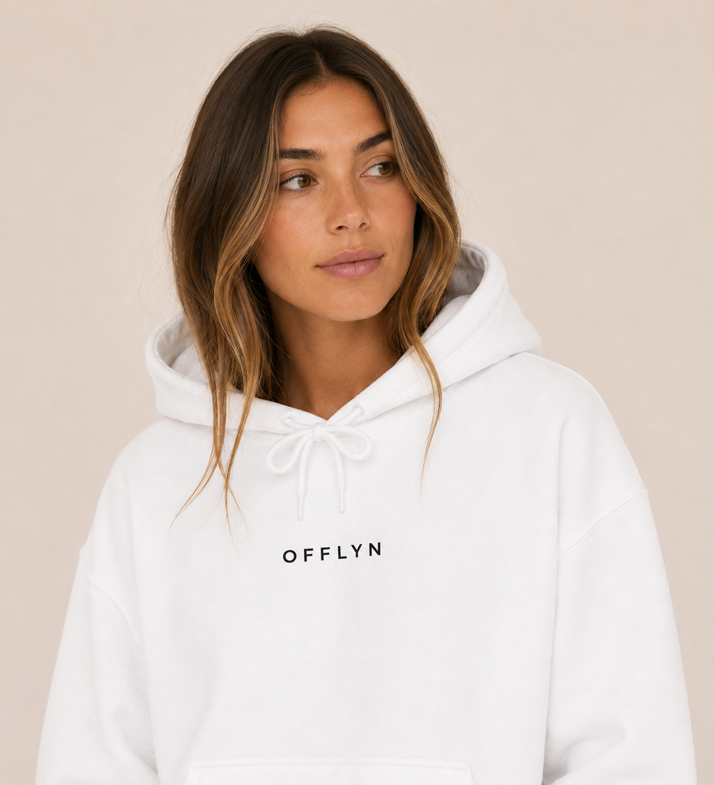 OFFLYN essentials hoodie white lifestyle female